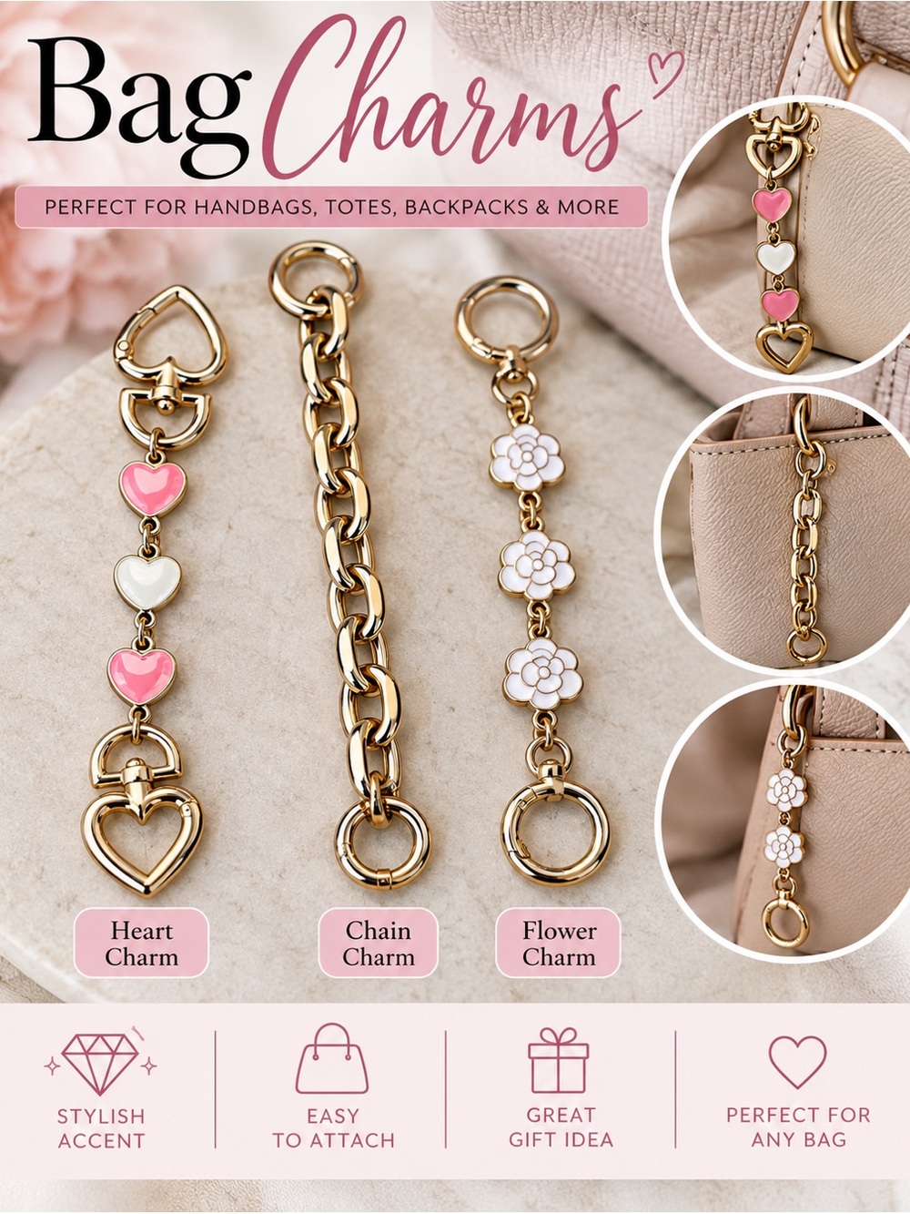 Bag Charm Keychain – Heart, Chain & Flower Styles – New